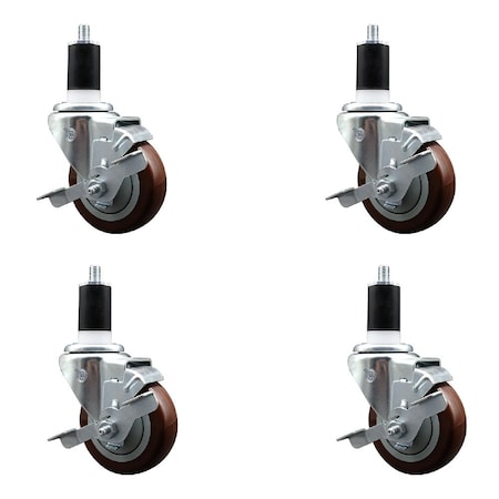 Service Caster 3.5'' Maroon Poly Swivel 1-1/2'' Expanding Stem Caster Set with Brake, 4PK SCC-EX20S3514-PPUB-MRN-TLB-112-4